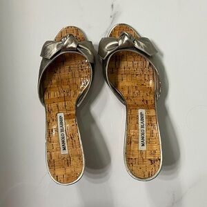 Manolo Blahnik Metallic Silver Bow Sandals